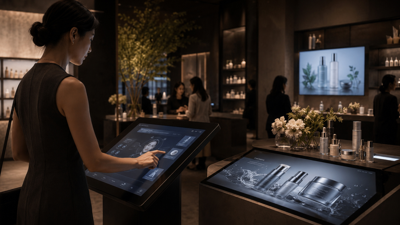Interactive skincare kiosk guiding personalized product recommendations